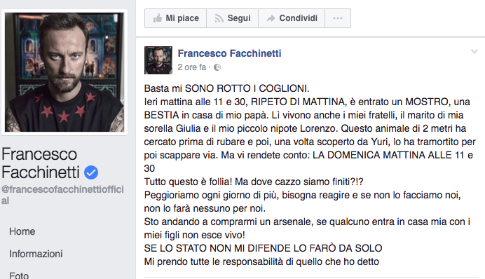 Francesco Facchinetti sbotta sui social: "Un mostro è entrato in casa di mio padre"